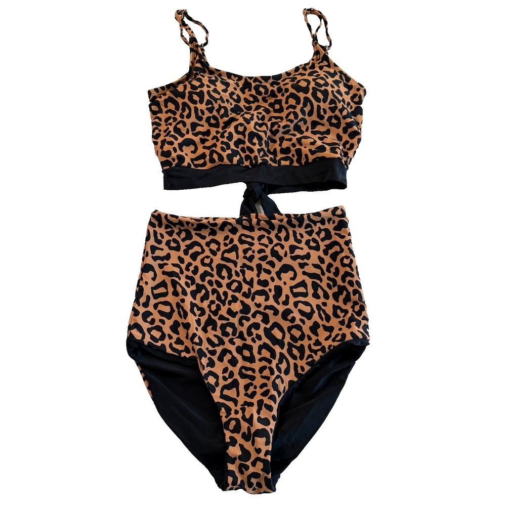 Coral Reef Swim Leopard Print Lounger Top High Waisted Bottom Swimsuit Sz S 4-6 - Picture 5 of 11